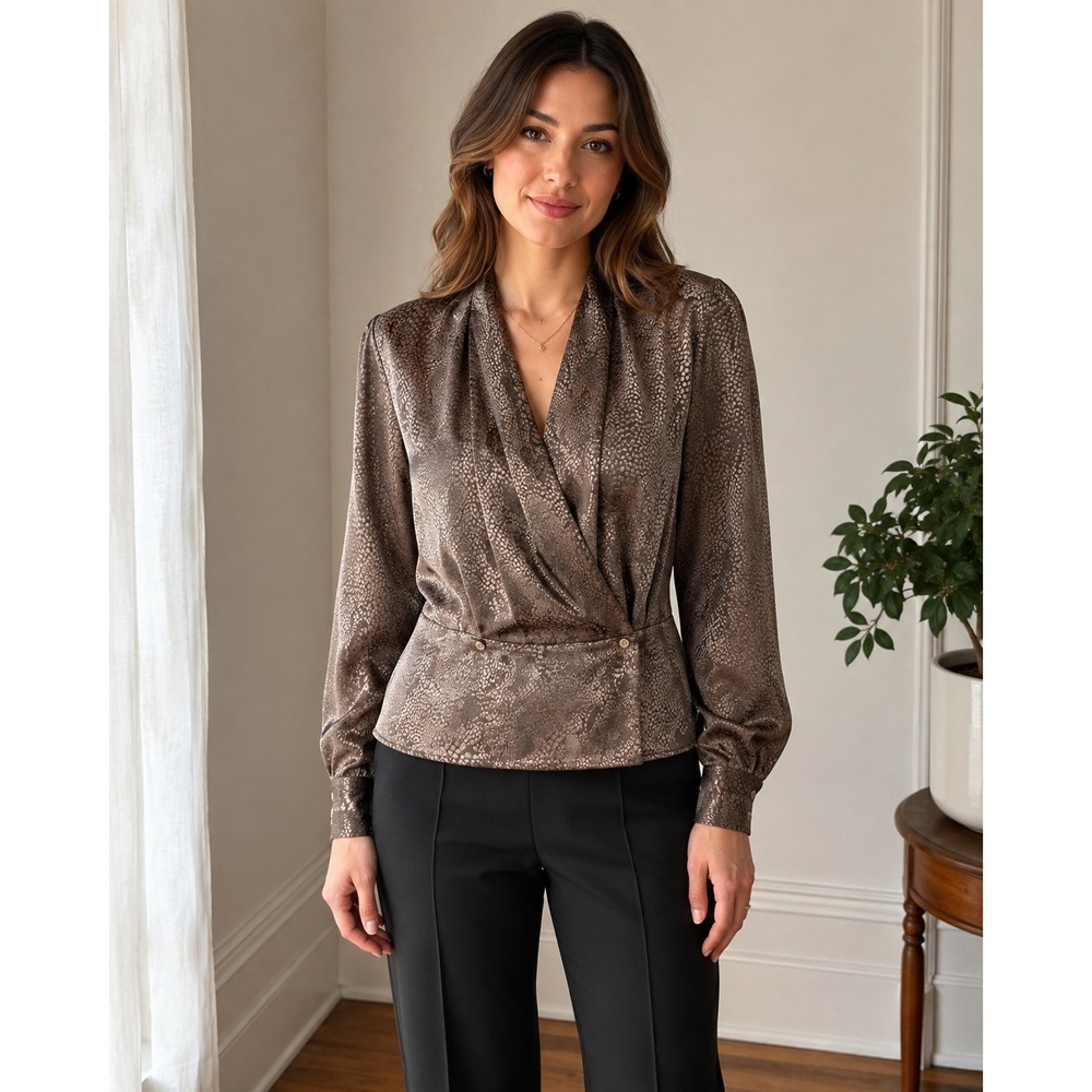 Regina Porter Blouse 6 Bronze Snakeskin Jacquard Wrap Peplum 80s Vintage Glam